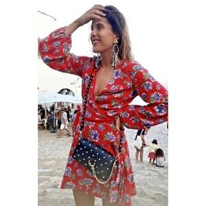 Zara Women Sz S Red Floral Print Long Sleeve V-neck Crossover‎ Mini Romper Dress